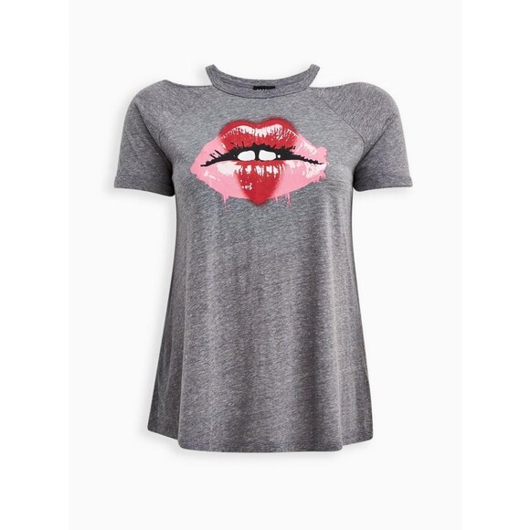 NWT Torrid 0 Lips Grey Graphic Classic Fit Triblend Cold Shoulder Top Size Large - Picture 4 of 7